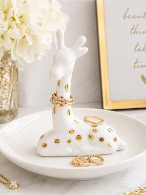 White Gold Ceramic Giraffe Ring Holder Trinket Dish Jewelry Organizer Gift